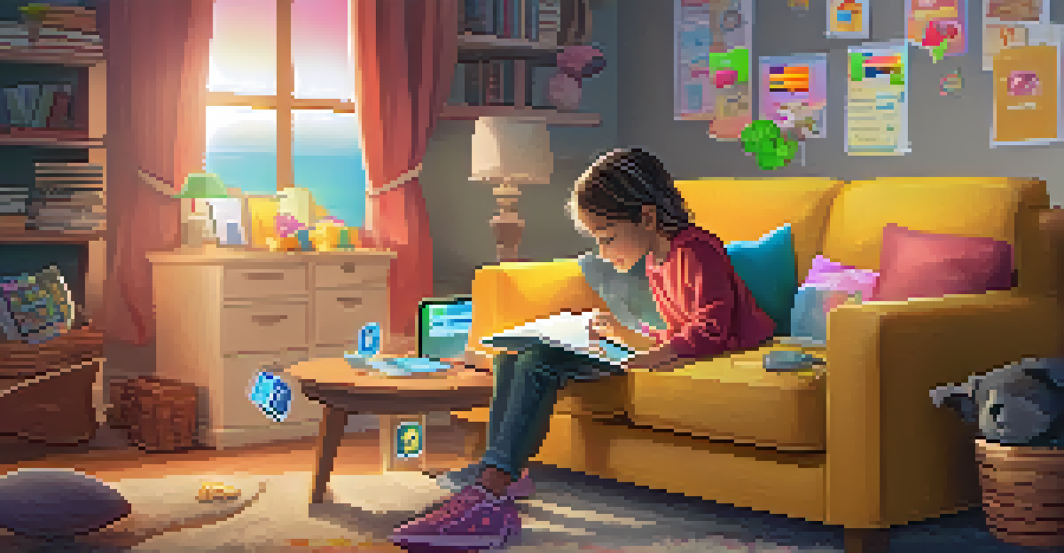 A young girl playing a money management game on a tablet, smiling and engaged in a cozy living room setting.