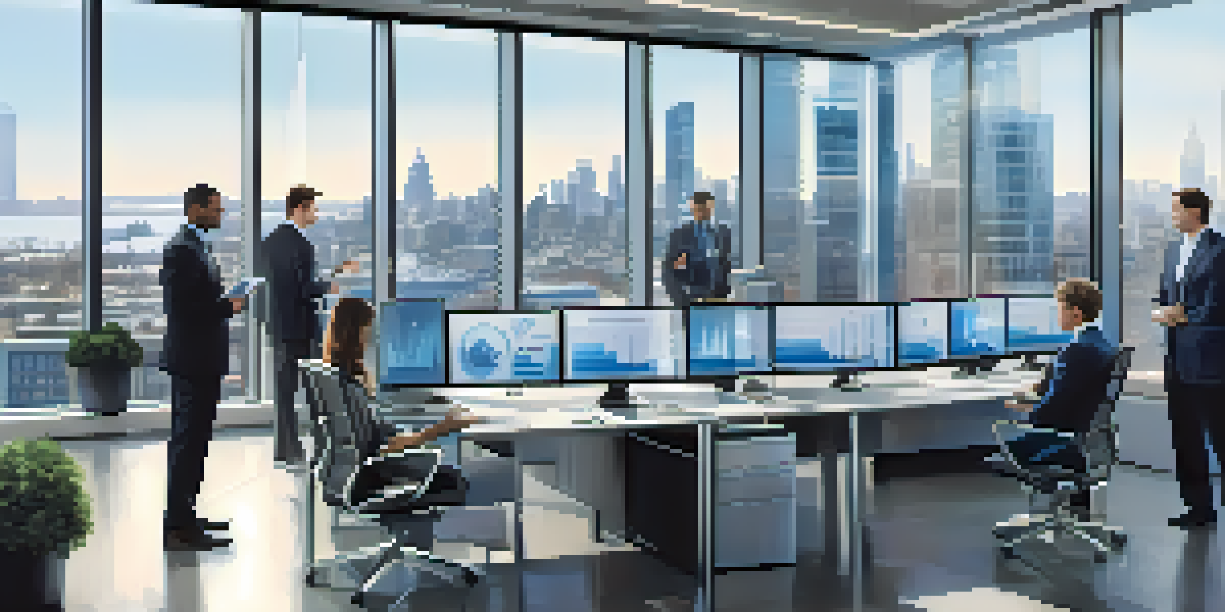 A modern hedge fund office with professionals collaborating around digital screens, showcasing data analytics.