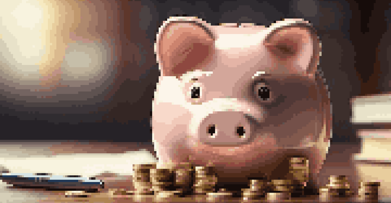 A piggy bank filled with coins on a wooden table with blurred financial documents in the background.