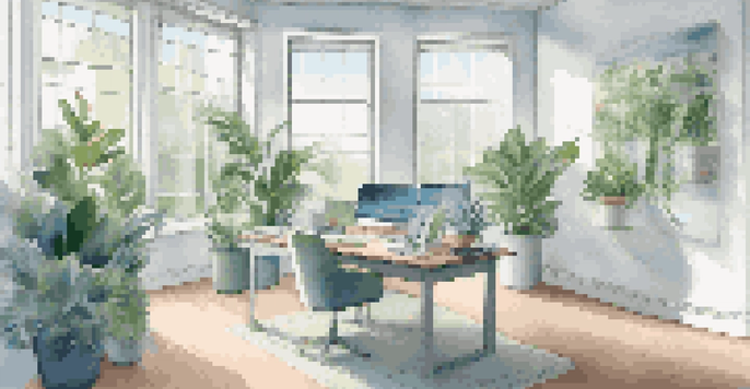 A modern office with a financial advisor consulting a client at a desk, featuring a laptop and plants in a bright, serene environment.