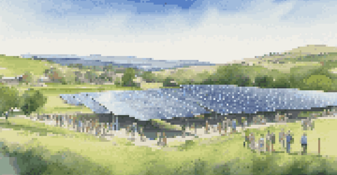 A solar farm with solar panels in a green landscape, and diverse people discussing renewable energy.