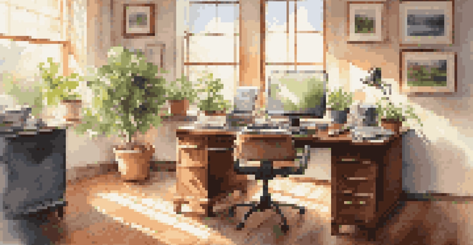 A bright office workspace with a wooden desk, laptop, financial reports, calculator, coffee cup, and a potted plant, illuminated by sunlight.