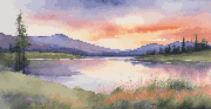 A beautiful sunset over a calm lake with vibrant reflections in the water, surrounded by green grass and wildflowers, set against distant mountains.