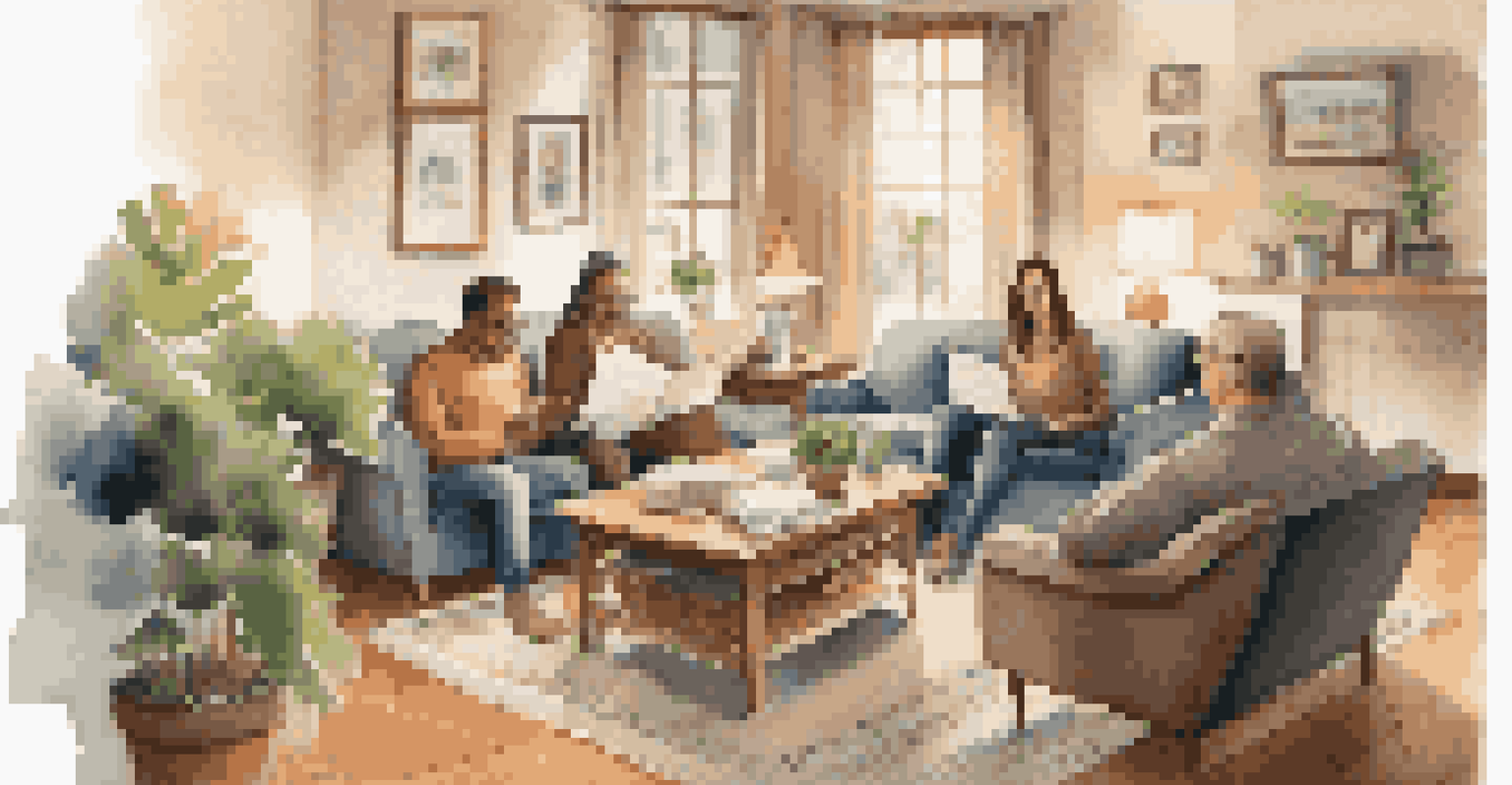 A family discussing finances in a cozy living room, with documents and a warm atmosphere.