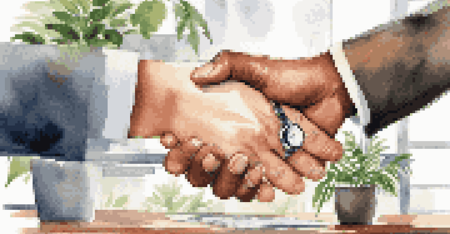 A close-up of two hands shaking, representing a successful business partnership in a modern office environment.