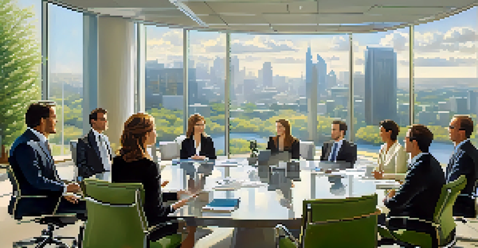 A diverse group of hedge fund managers discussing ethics in a modern office setting with large windows and inspirational quotes on the walls.