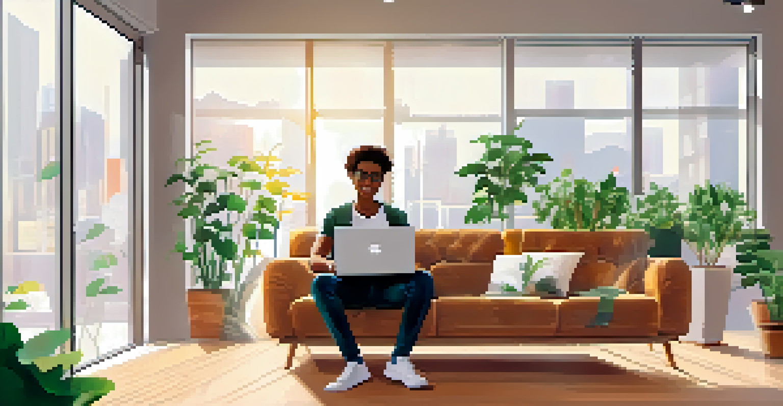 A young investor on a couch using a laptop to review an online brokerage, surrounded by plants and bright natural light.