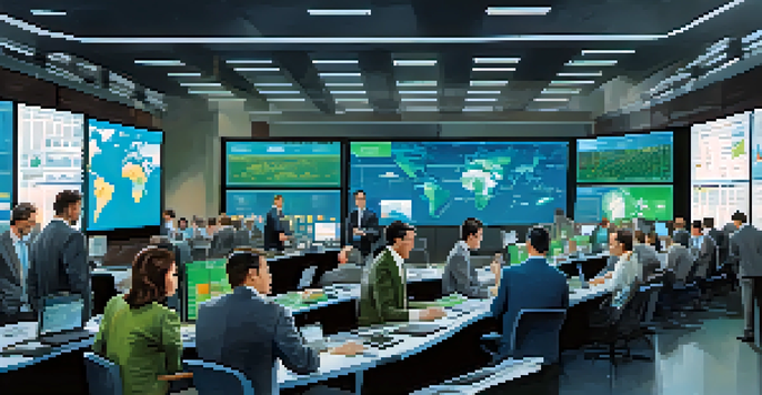 A busy oil market room with investors looking at screens and maps, discussing geopolitical issues, in a bright and modern setting.