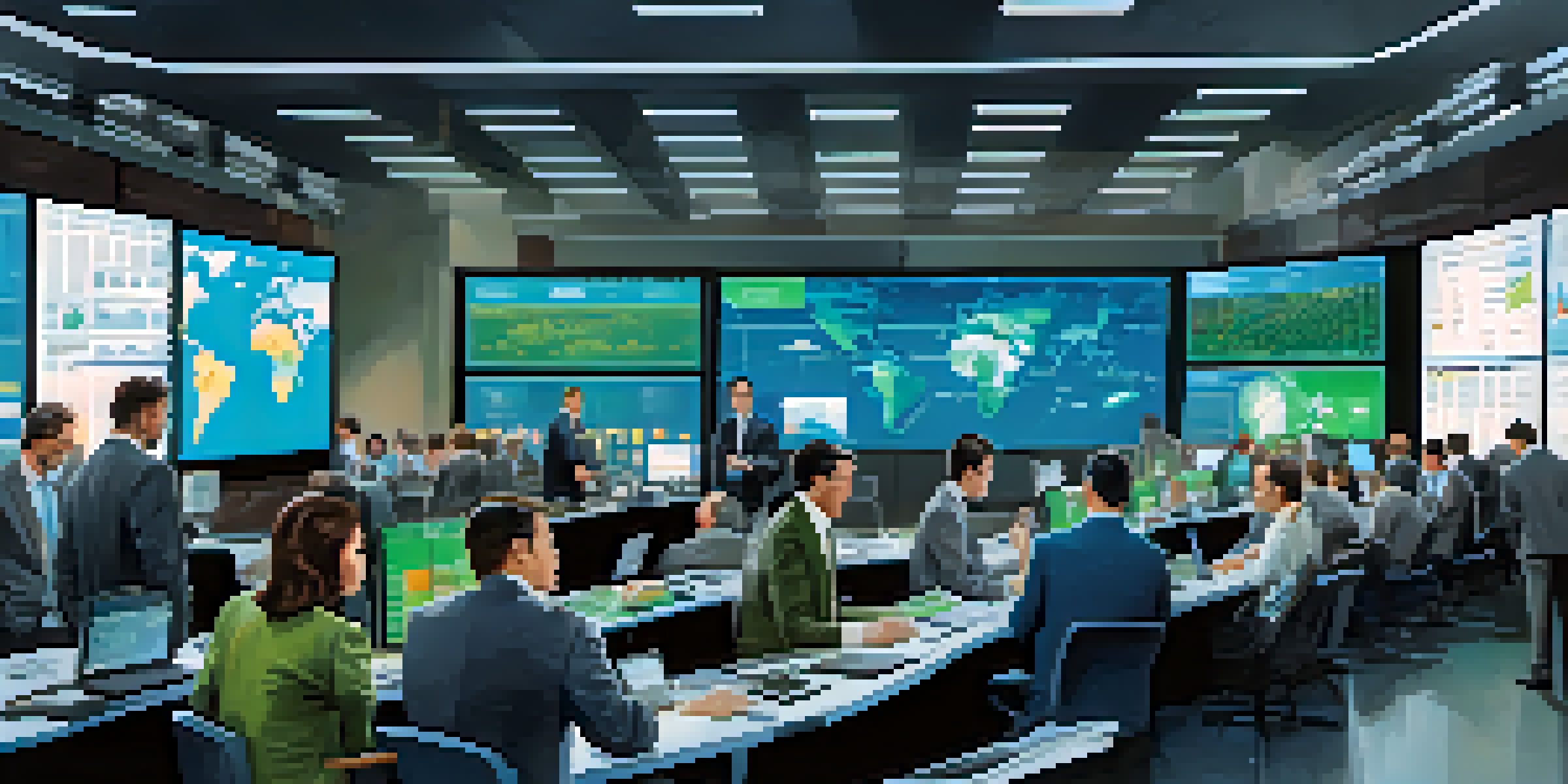 A busy oil market room with investors looking at screens and maps, discussing geopolitical issues, in a bright and modern setting.