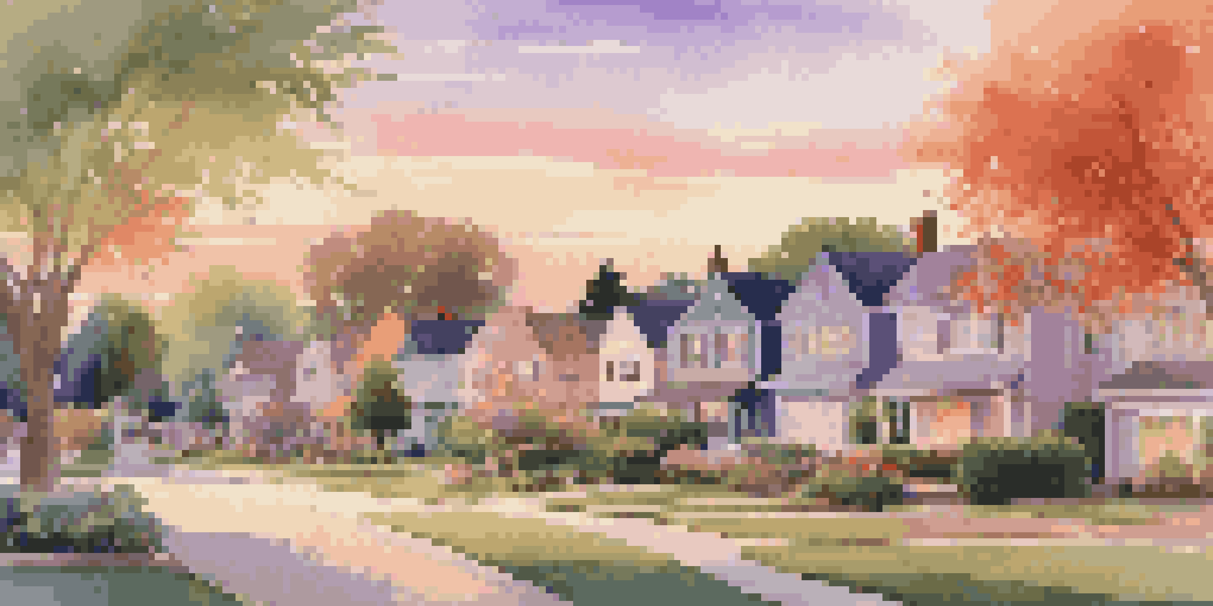 A peaceful suburban neighborhood during sunset with houses and a family having a picnic on the lawn.