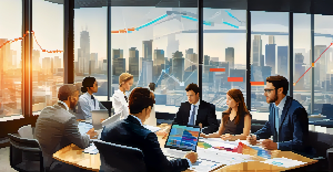 A diverse group of business professionals in a modern office discussing market research data, surrounded by charts and graphs.