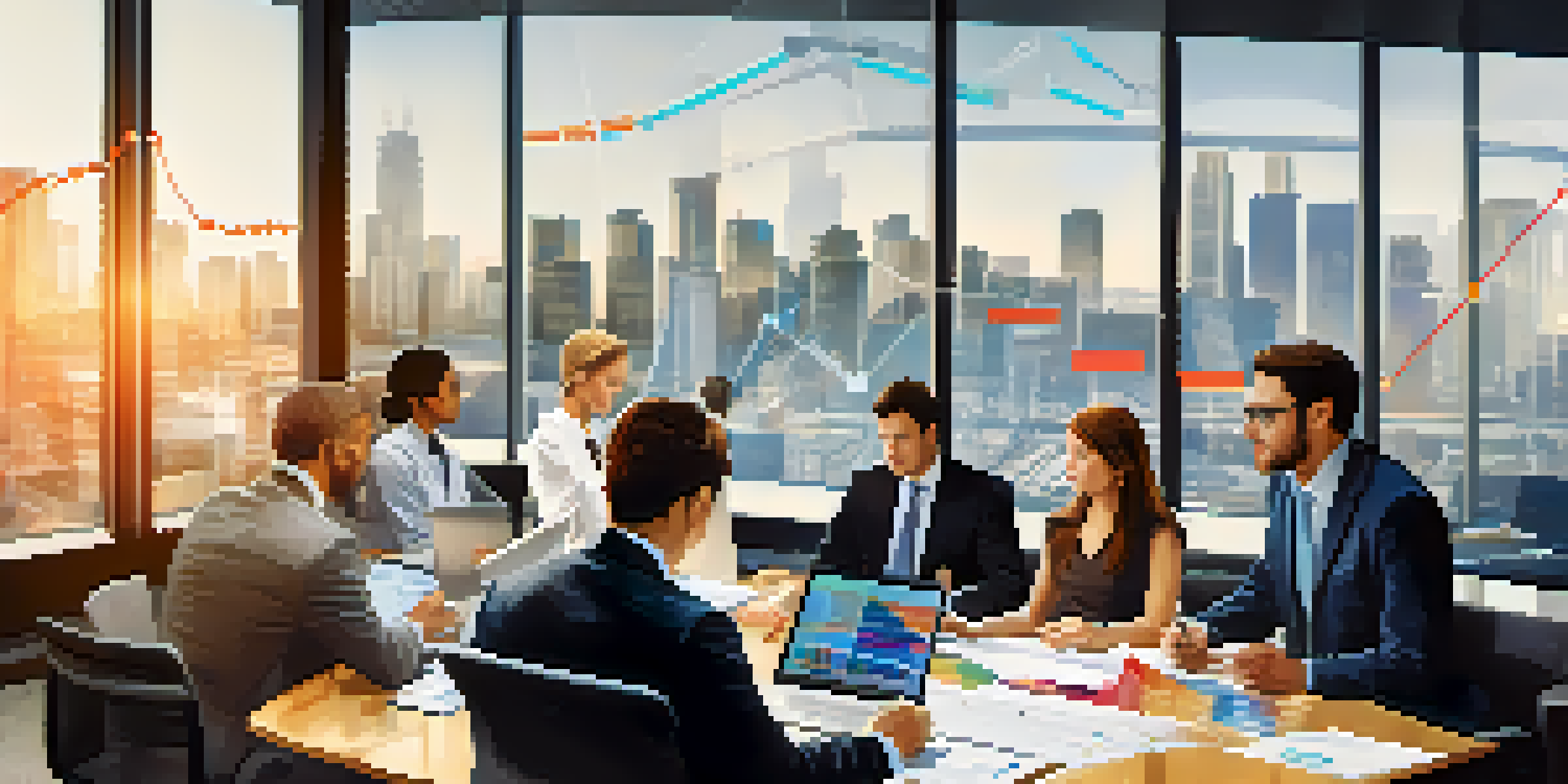 A diverse group of business professionals in a modern office discussing market research data, surrounded by charts and graphs.