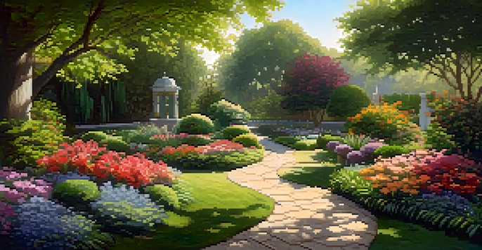 A vibrant garden with colorful flowers and green plants, illuminated by soft sunlight.