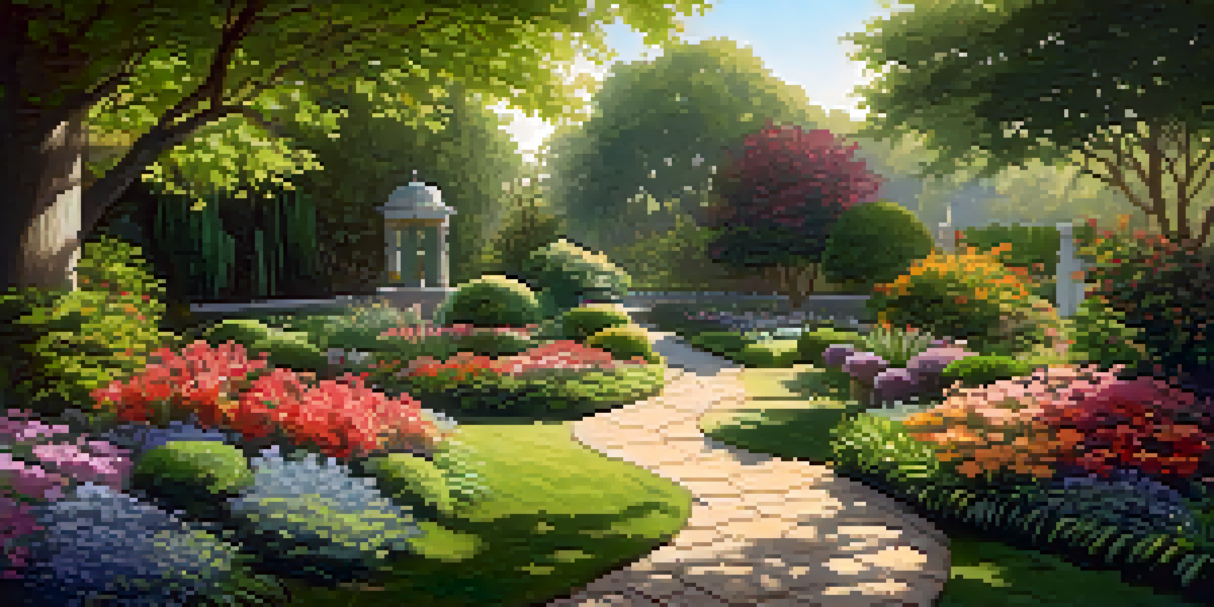 A vibrant garden with colorful flowers and green plants, illuminated by soft sunlight.