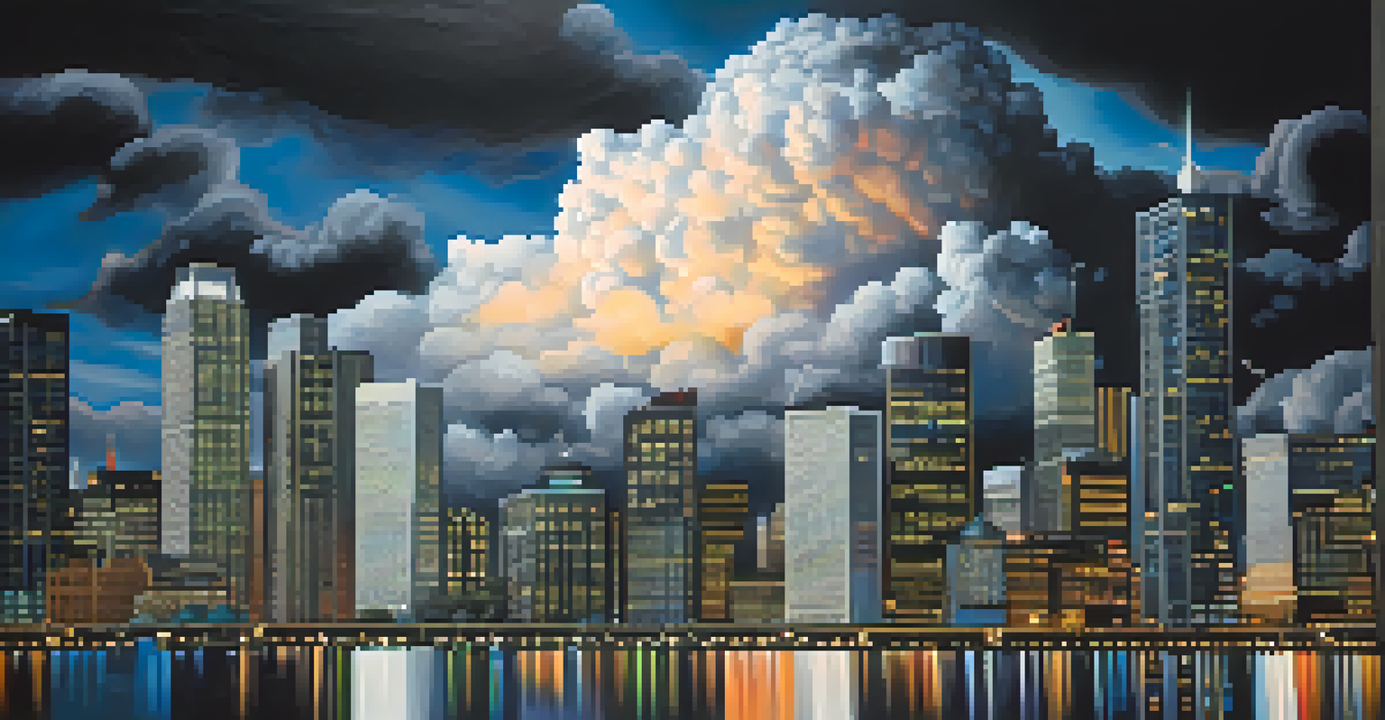 An abstract image showing a stormy cloud over a city skyline, symbolizing stress testing in finance with financial symbols like graphs and currency signs.