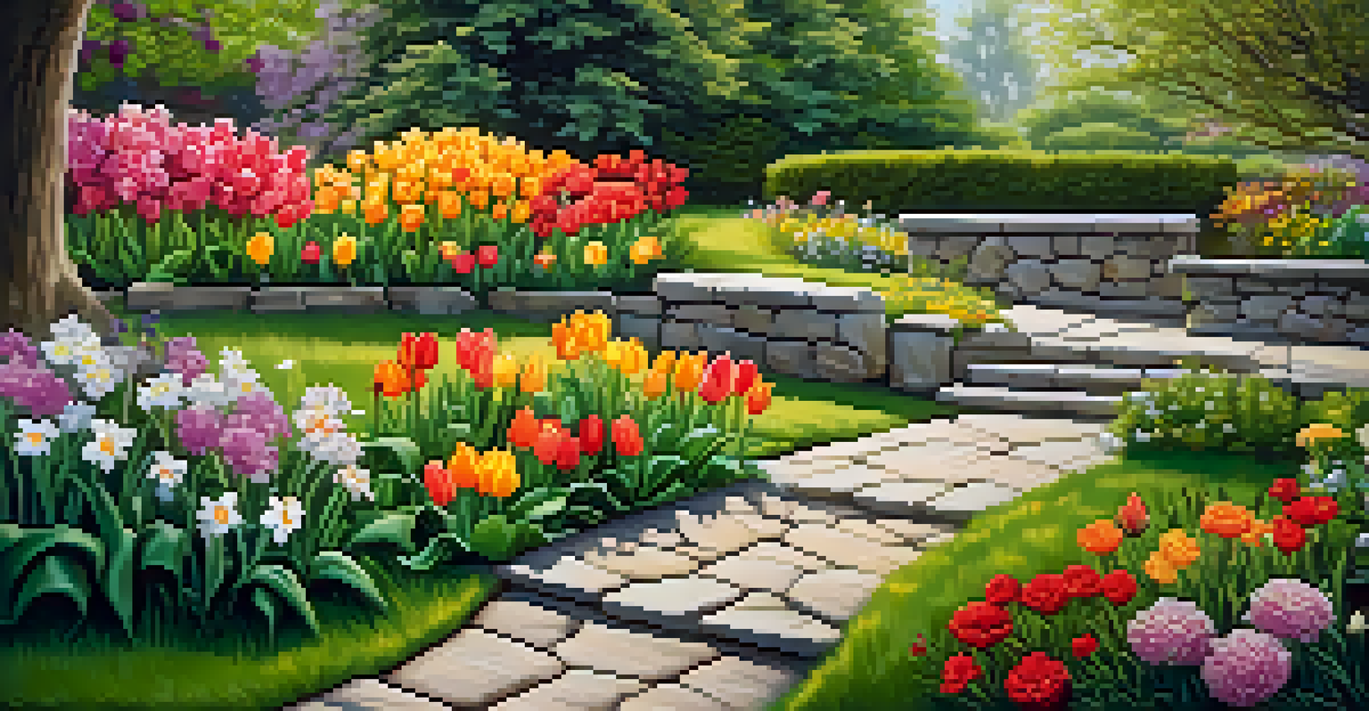 A vibrant garden filled with colorful flowers, a stone path, and a wooden bench under a flowering tree.