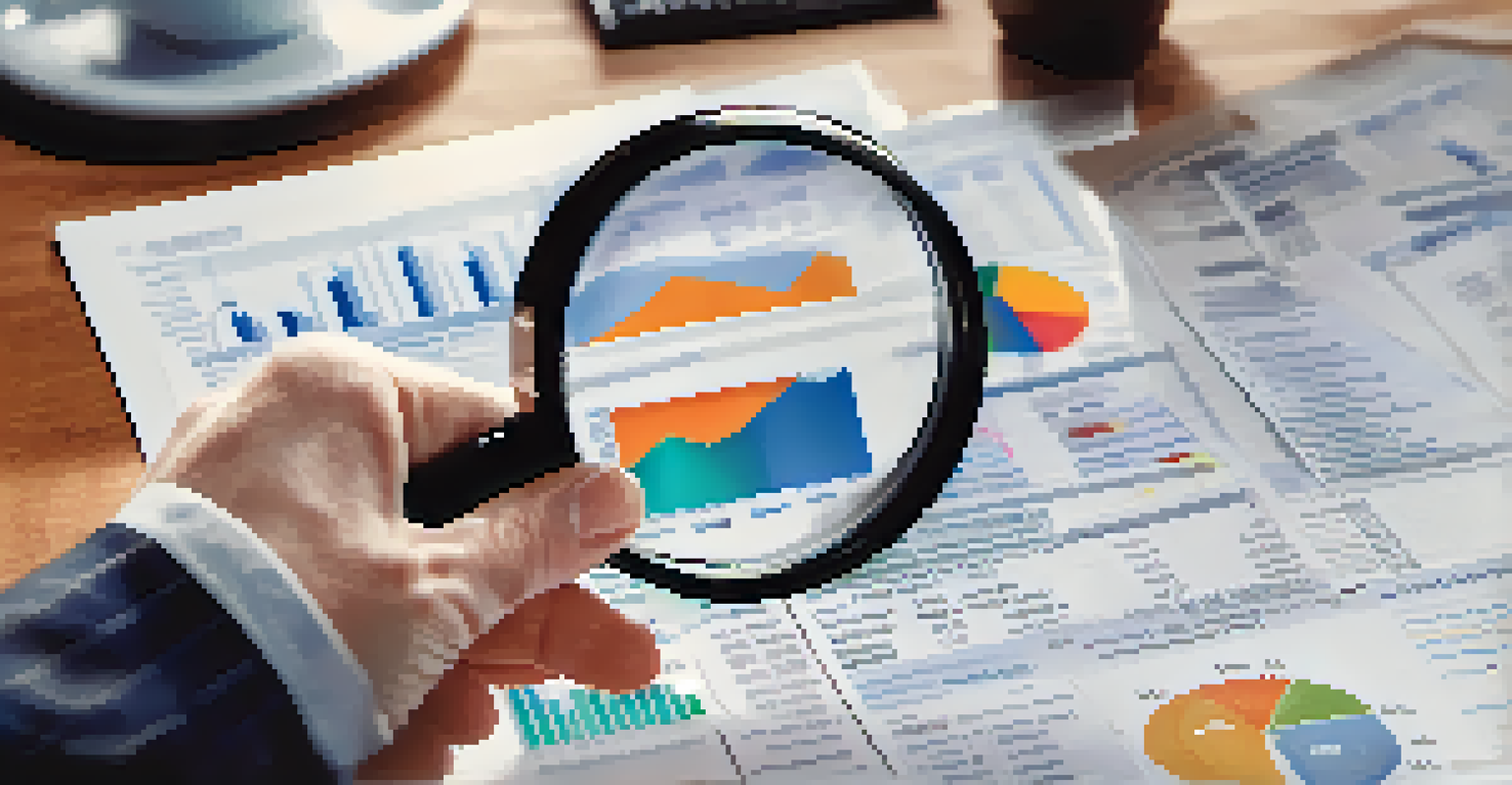 A close-up of a hand holding a magnifying glass over a financial report with charts and graphs.