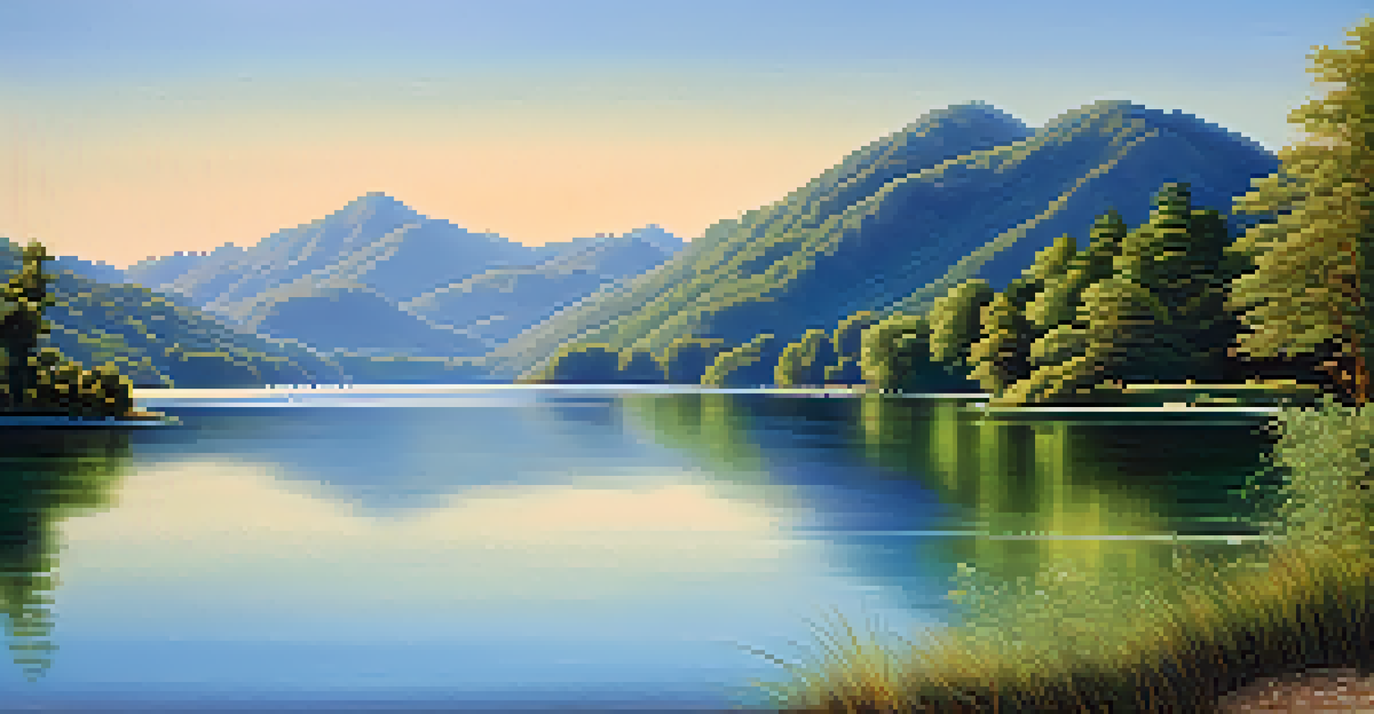 A peaceful lake surrounded by green mountains with a clear sky reflecting in the water.