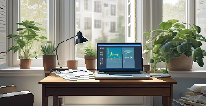 A modern home office with a wooden desk, financial documents, a laptop displaying graphs, and a potted plant, illuminated by soft natural light.