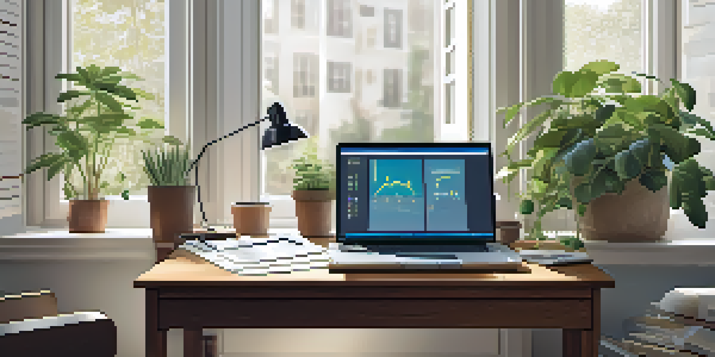 A modern home office with a wooden desk, financial documents, a laptop displaying graphs, and a potted plant, illuminated by soft natural light.