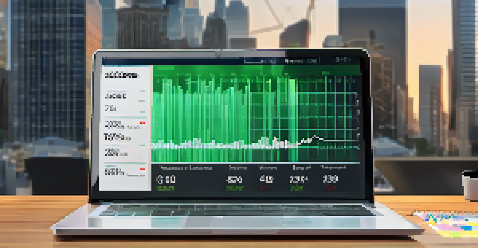 A credit score report and a laptop showing stock market trends with a city skyline in the background.