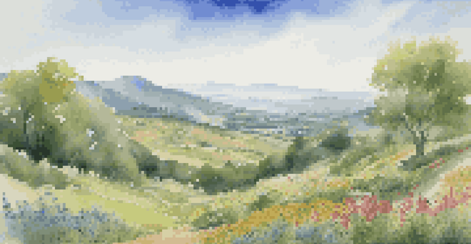 A vibrant green valley with blooming wildflowers and gentle hills under a blue sky, representing market growth.