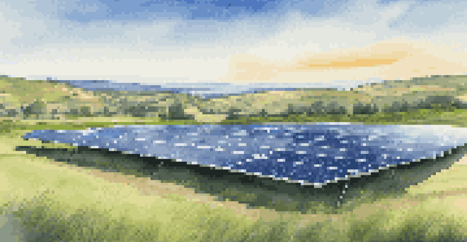 A close-up view of solar panels installed in a field under a clear blue sky, surrounded by green grass and rolling hills.