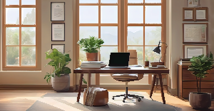 A home office with a wooden desk, laptop, coffee cup, and budgeting notes, illuminated by soft natural light.