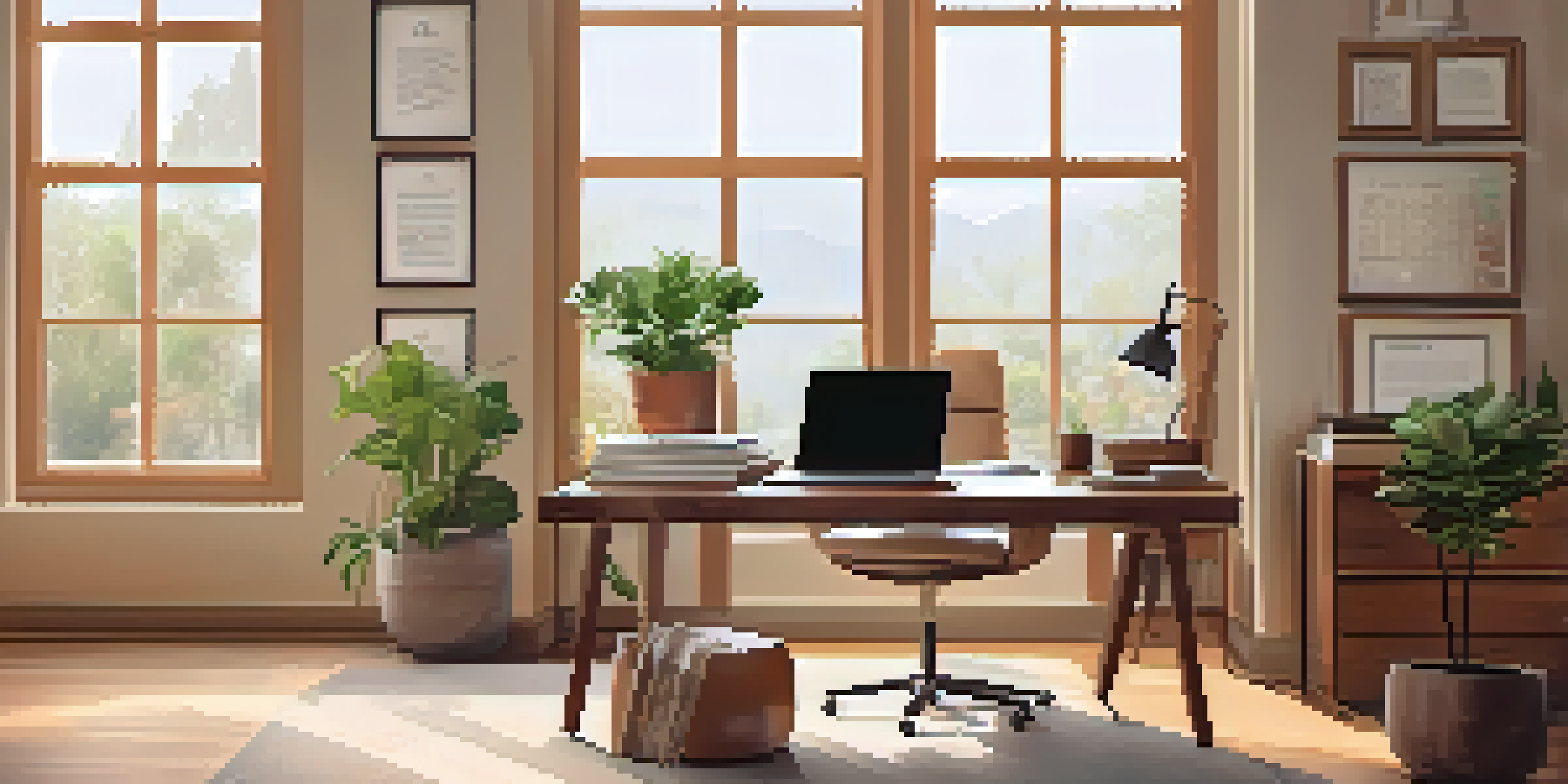 A home office with a wooden desk, laptop, coffee cup, and budgeting notes, illuminated by soft natural light.
