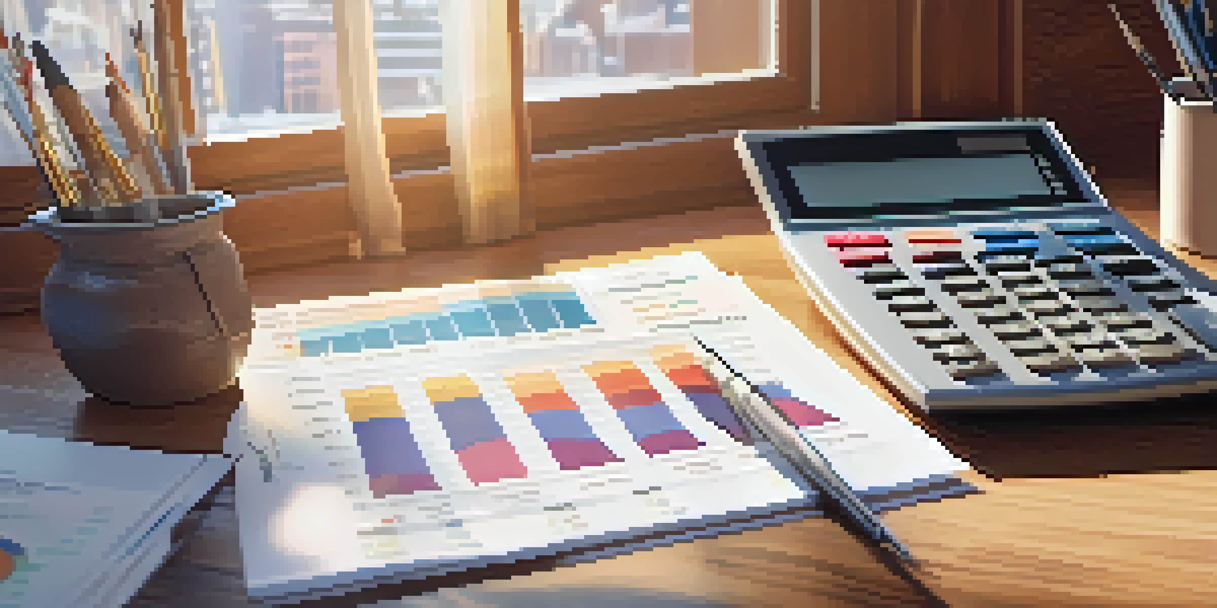 An organized financial report with colorful charts and graphs on a wooden desk, illuminated by soft natural light from a window.