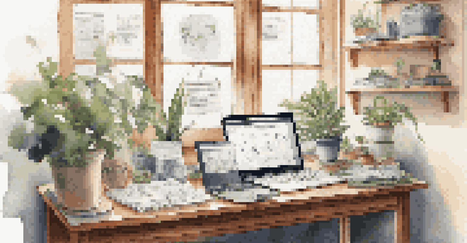 A well-lit desk with a laptop showing market graphs and financial documents, complemented by a potted plant.