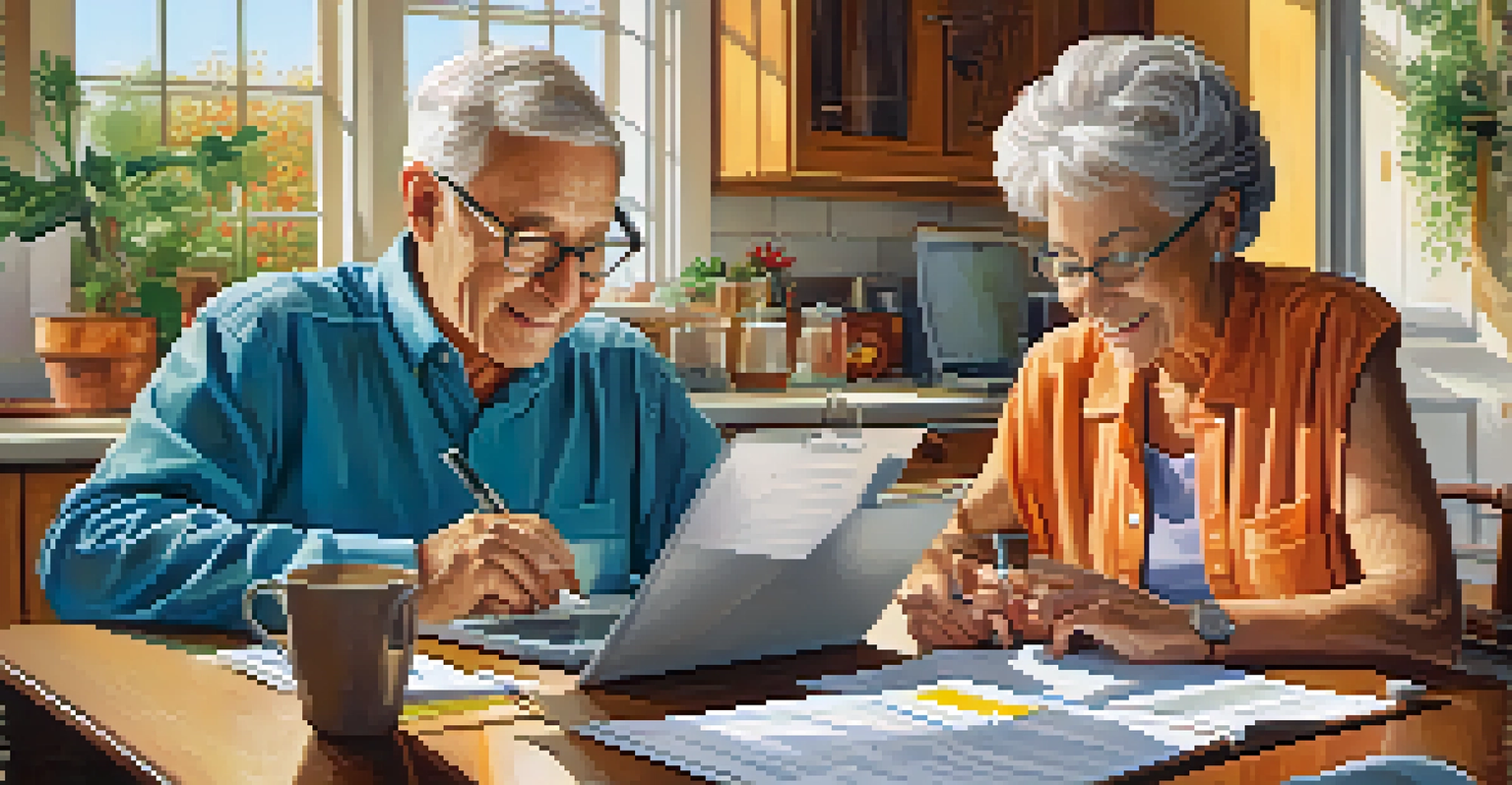 An elderly couple sitting at a kitchen table, looking over financial documents with a laptop and calculator, in a bright and cozy kitchen.