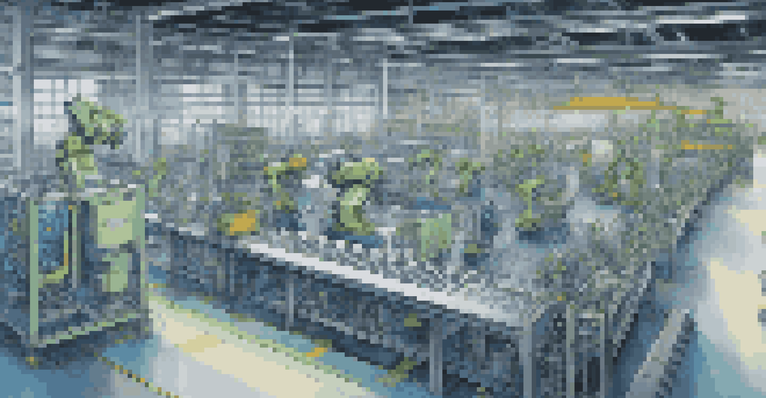 An industrial factory interior with robots on a production line, real-time data screens, and bright lighting, illustrating advanced IoT technology.