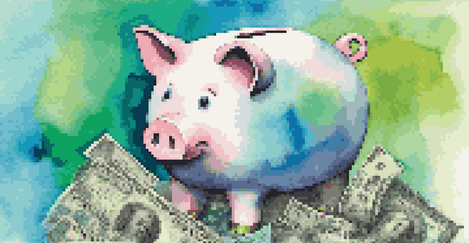 A piggy bank surrounded by financial symbols like dollar signs and graphs, on a colorful background representing growth.