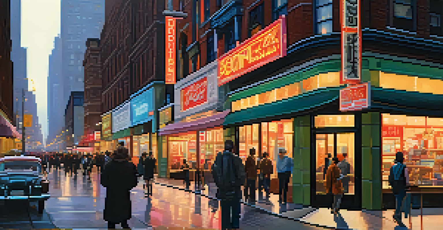 A lively city street at dusk, filled with people and bright neon signs illuminating the urban landscape.