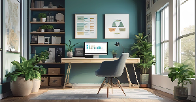 A contemporary home office with a laptop showing investment graphs, surrounded by greenery and bright natural light.