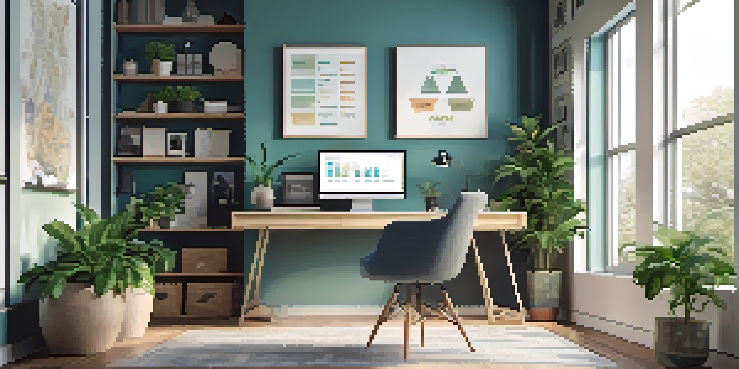 A contemporary home office with a laptop showing investment graphs, surrounded by greenery and bright natural light.