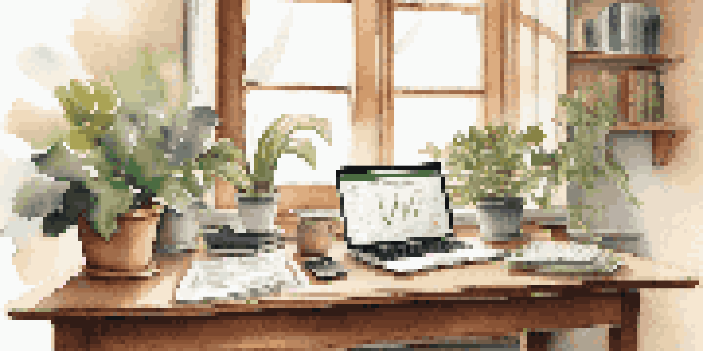 A wooden desk workspace with a laptop, financial documents, and a green plant, illuminated by natural light from a window.