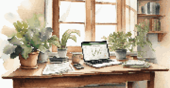 A wooden desk workspace with a laptop, financial documents, and a green plant, illuminated by natural light from a window.