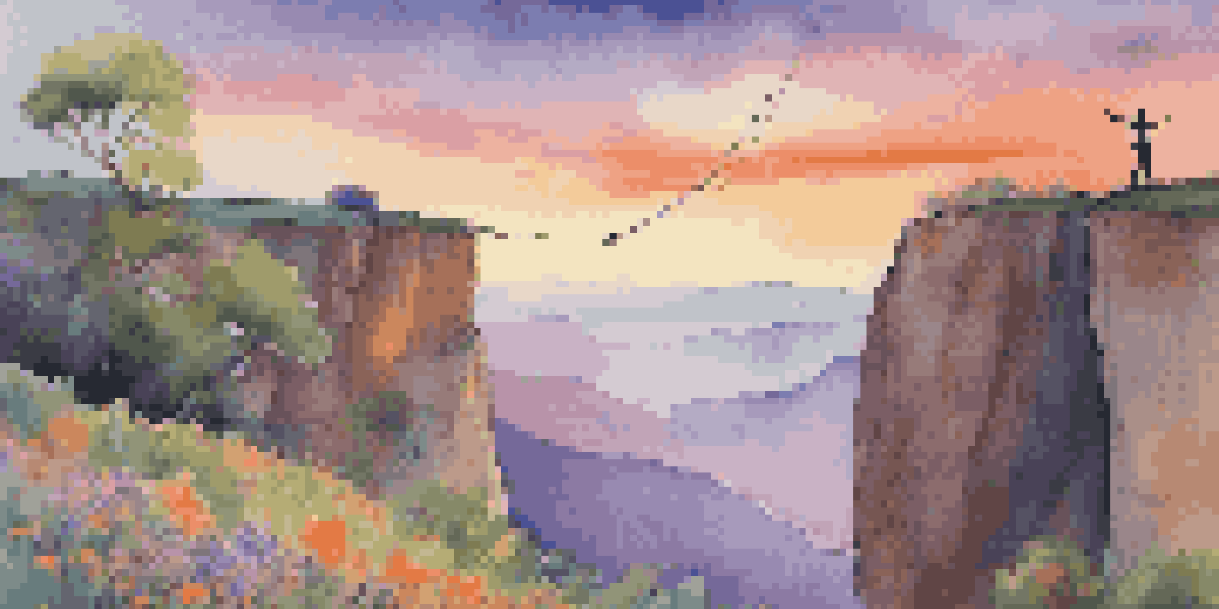 A tightrope walker balancing on a rope between cliffs during a colorful sunset with a valley of wildflowers below.