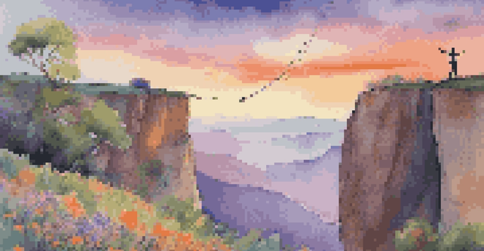A tightrope walker balancing on a rope between cliffs during a colorful sunset with a valley of wildflowers below.