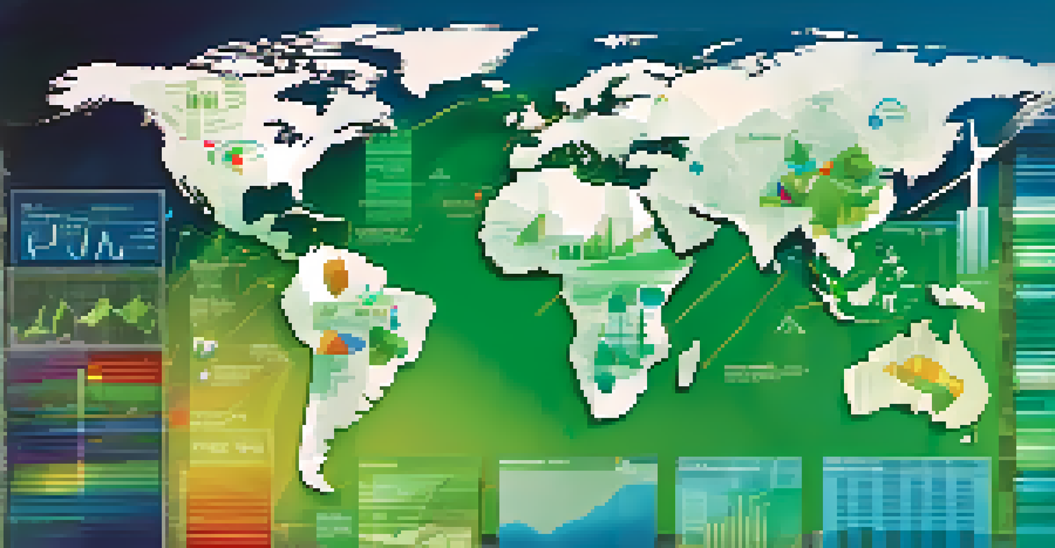 An abstract world map with colorful graphs and industry icons overlaid, representing global economic trends.