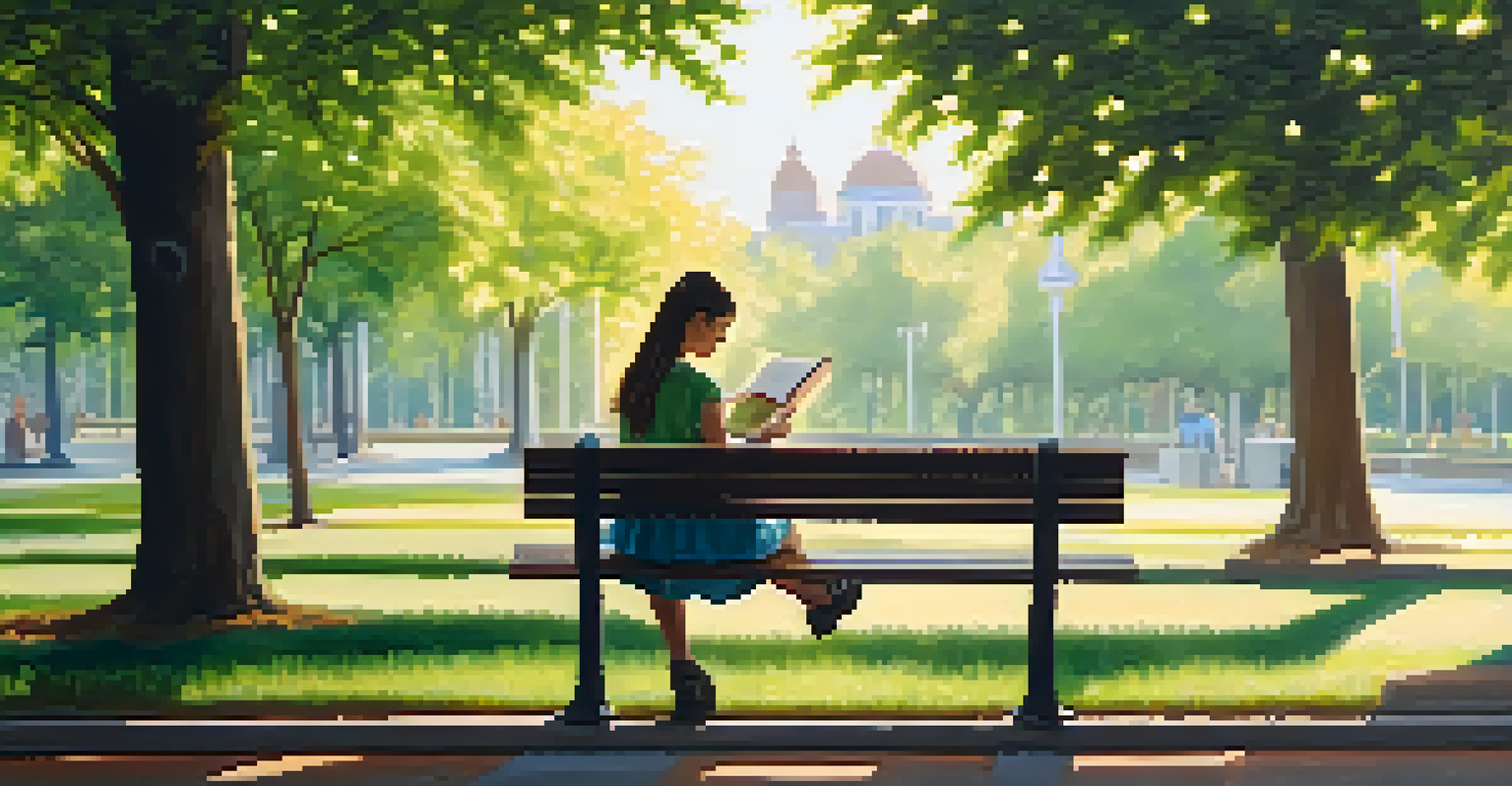 A teenage girl reading a book about financial literacy on a park bench surrounded by trees and sunlight.