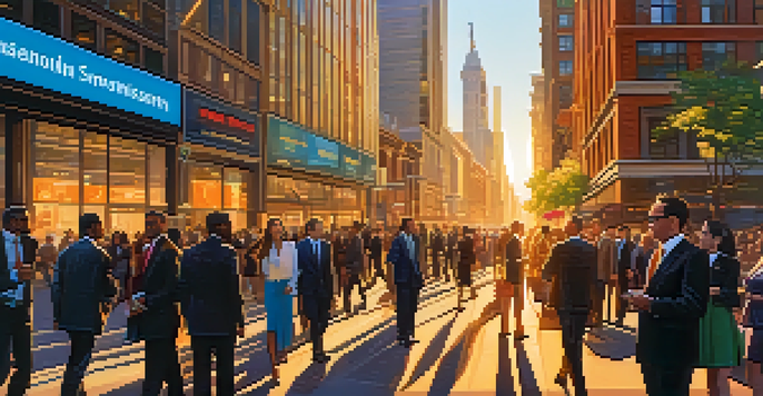 A busy city street at sunset with groups of investors talking, a digital display showing interest rates in the background.