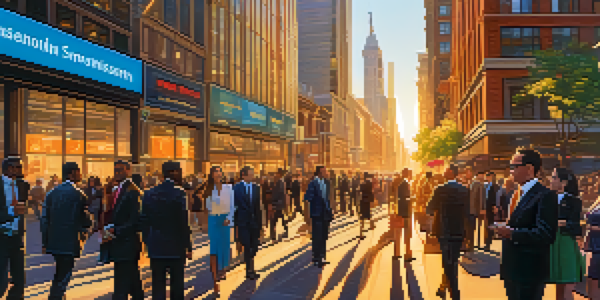 A busy city street at sunset with groups of investors talking, a digital display showing interest rates in the background.