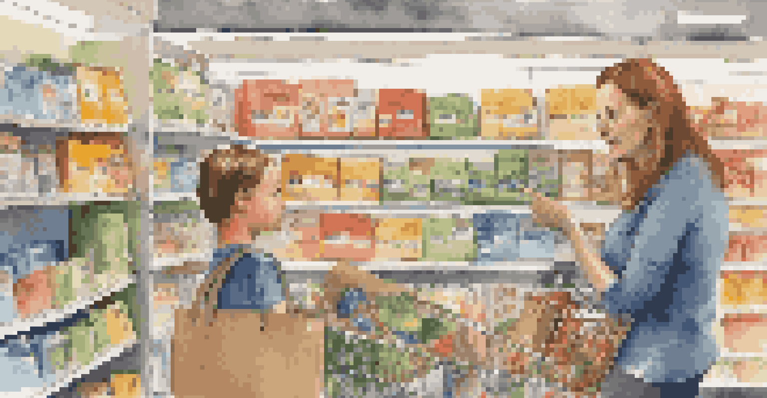 A parent and child shopping together, discussing prices and spending choices in a grocery store aisle.