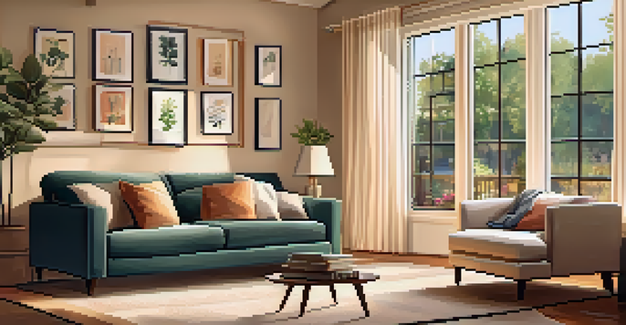 A warm and inviting living room with a sofa, coffee table, and soft lighting.
