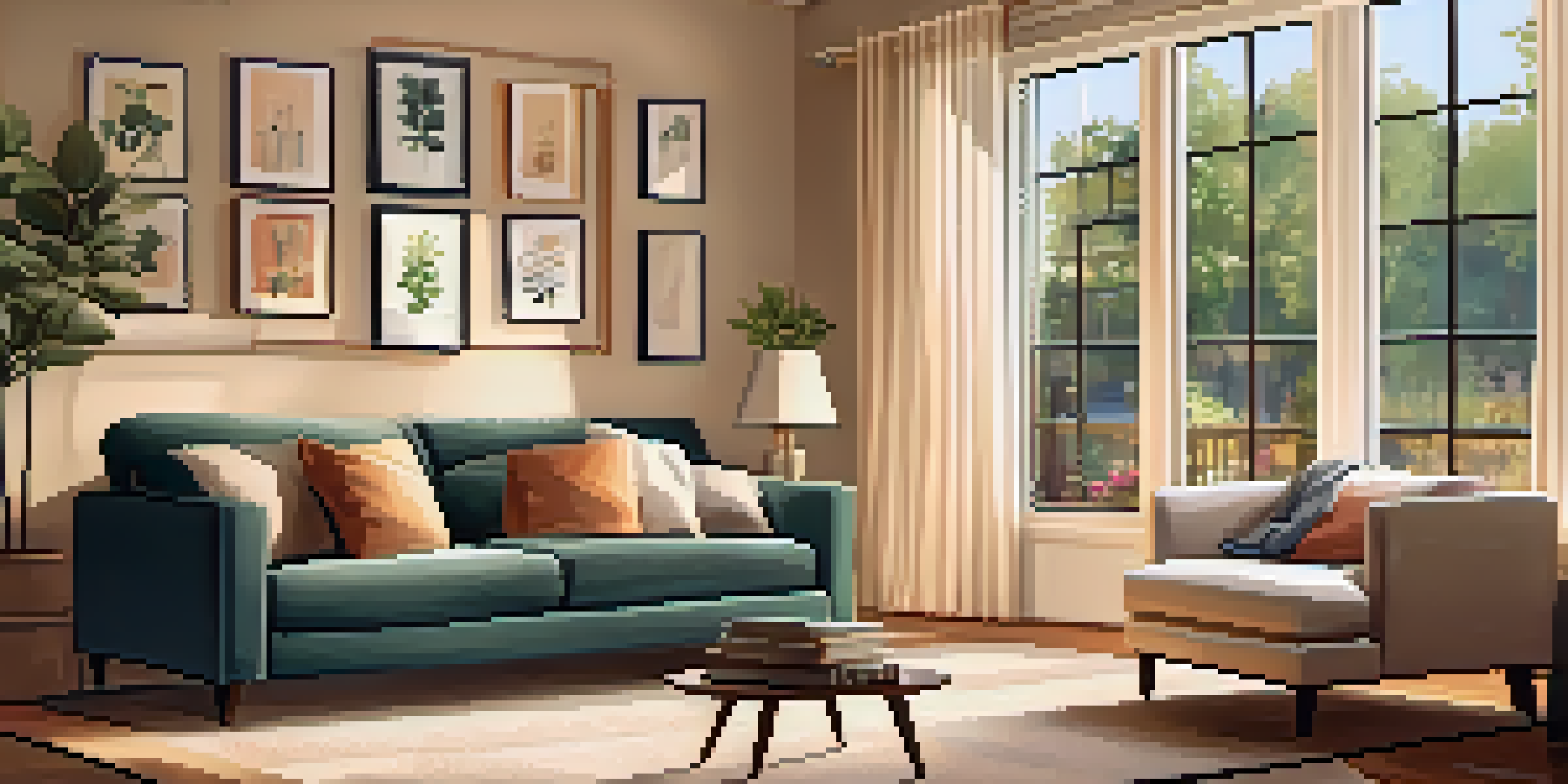 A warm and inviting living room with a sofa, coffee table, and soft lighting.