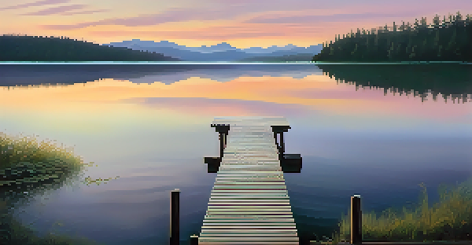 A calm lake surrounded by green forests and mountains at sunrise, with a wooden dock extending into the water.