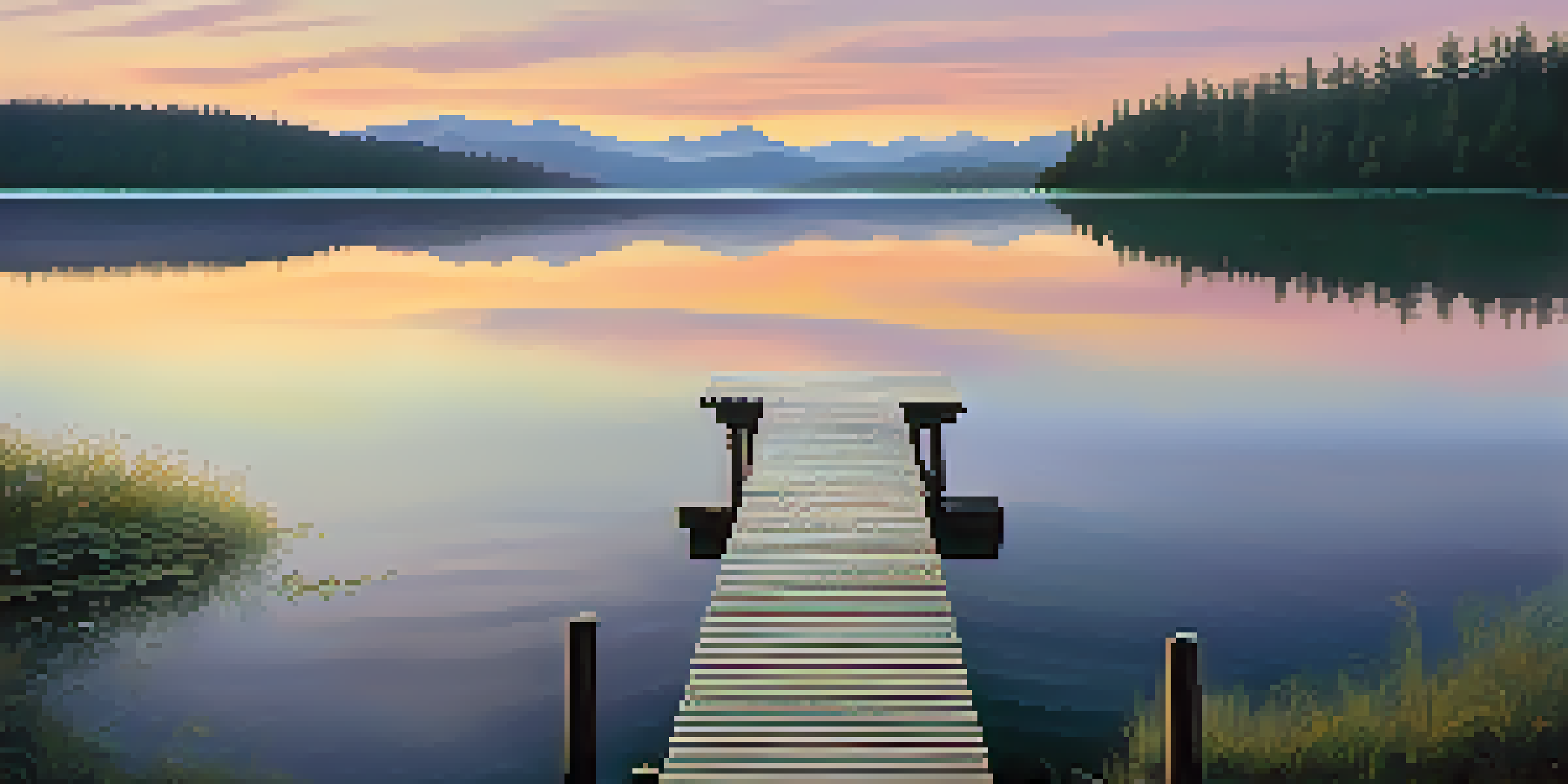 A calm lake surrounded by green forests and mountains at sunrise, with a wooden dock extending into the water.